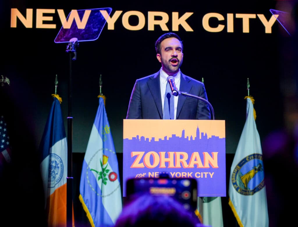 Zohran Mamdani speaking at a rally in Brooklyn after winning the New York City mayoral race.