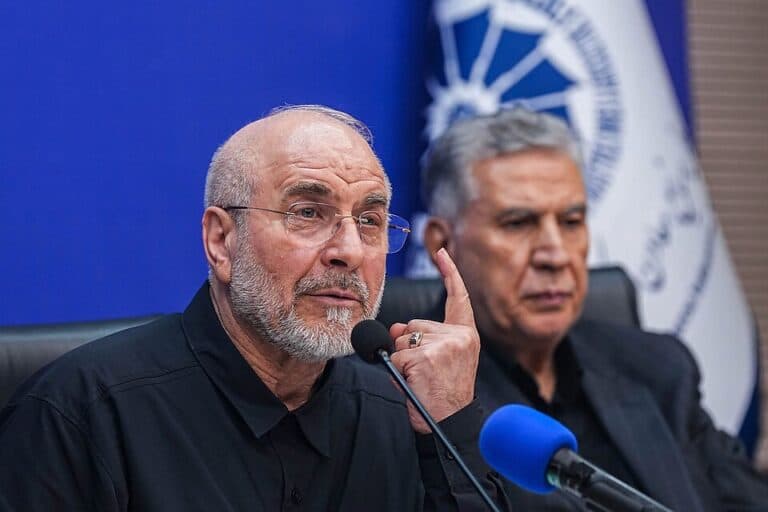 Iranian Parliament Speaker Mohammad Bagher Ghalibaf speaks during an event at Iran’s Chamber of Commerce.