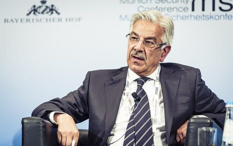 Pakistan Defense Minister Khawaja Asif at the Munich Security Conference as he pledges support for Saudi Arabia.