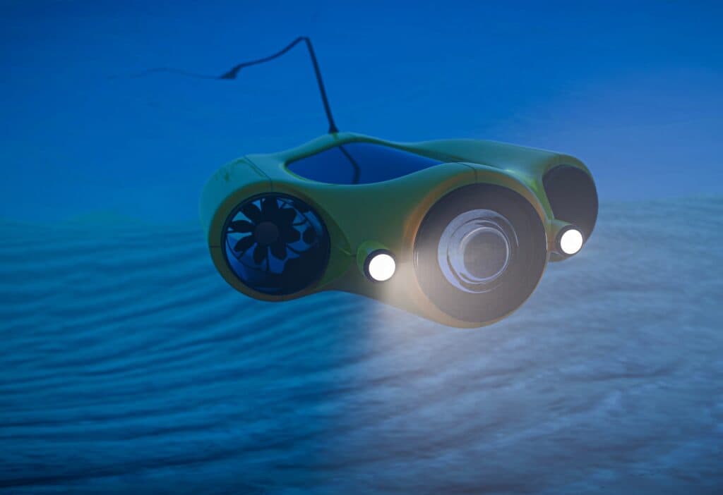 Illustration of an autonomous underwater drone operating beneath the sea.